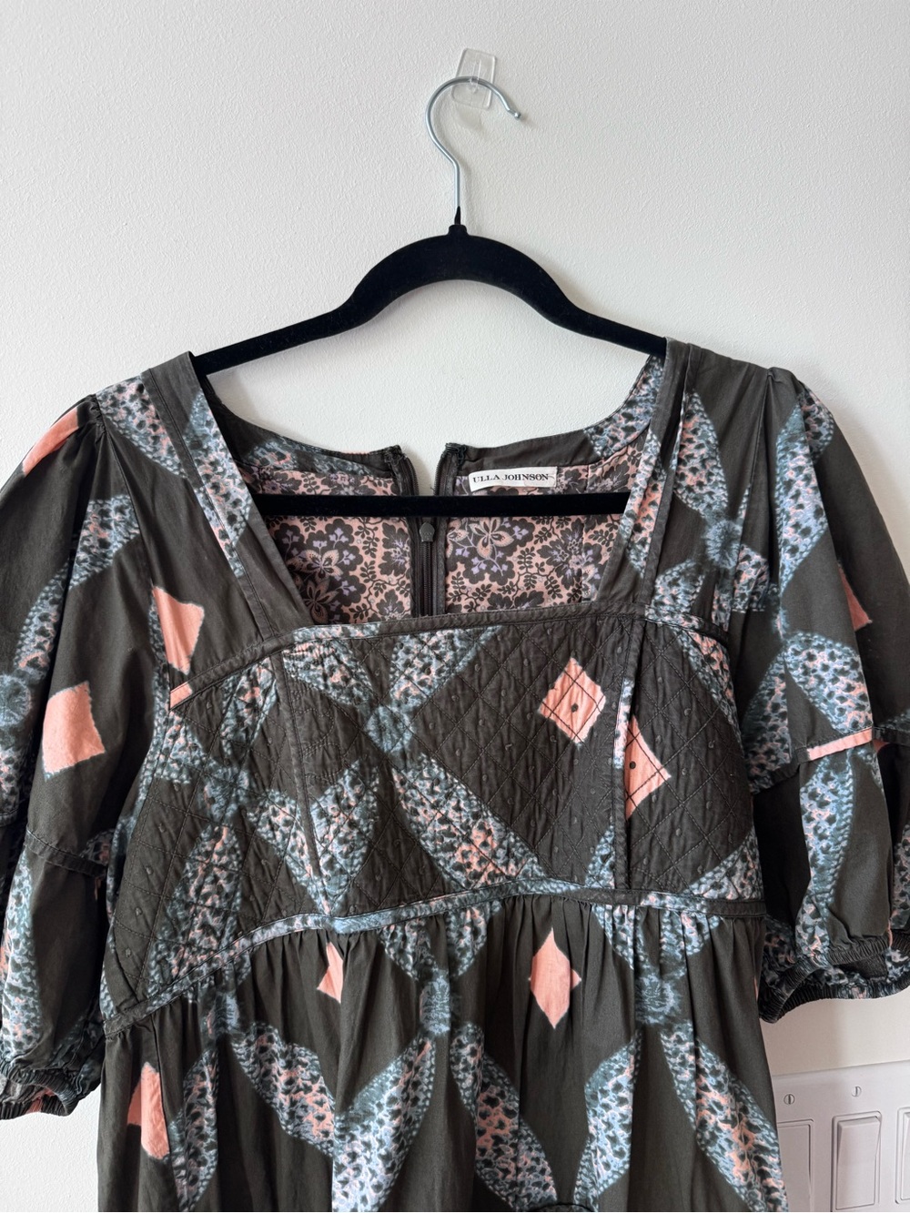 Ulla Johnson Square Neck Tiered Midi Dress in Olive Geo Print - Picture 3 of 5